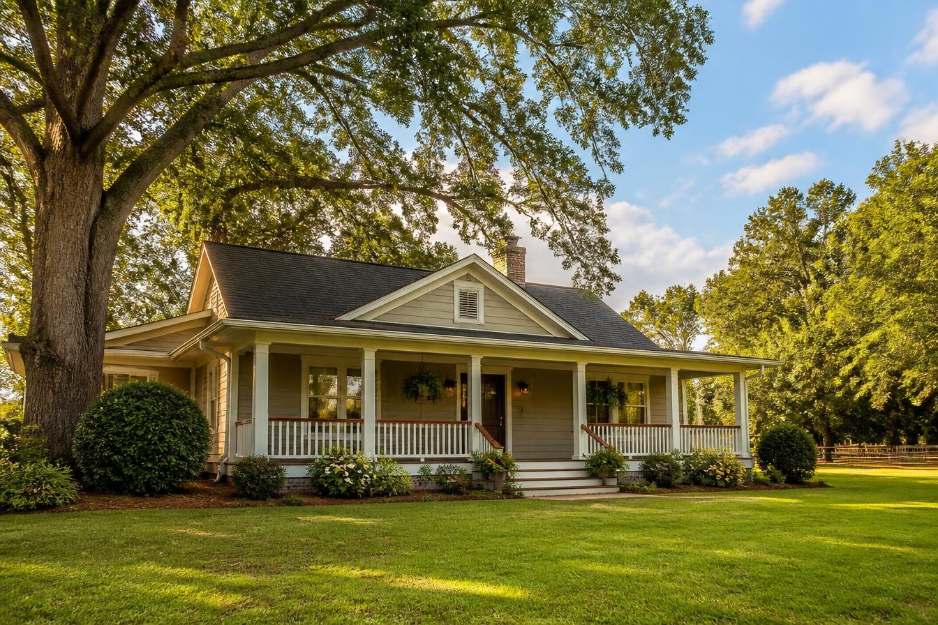 A welcoming North Carolina home with a wide front porch and mature trees